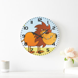 Reloj Redondo Grande León de dibujos animados divertido en el sol anima