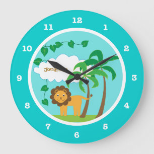Reloj Redondo Grande León en selva con las palmeras personalizadas