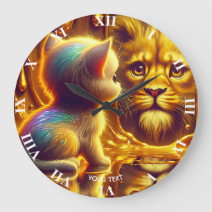 Reloj Redondo Grande León y gatito lindos de fantasía