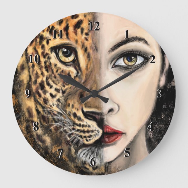 Reloj Redondo Grande Leopard Chica Face Fantasy Pintura animal salvaje (Anverso)
