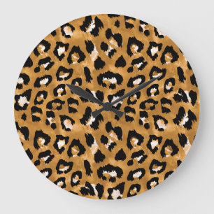 Reloj Redondo Grande Leopardo de piel animal: patrón de acuarela.