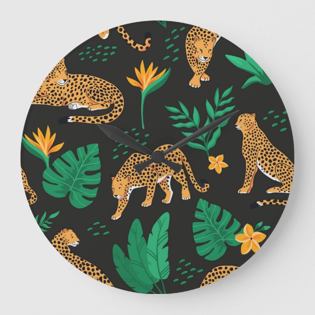 Reloj Redondo Grande Leopardos Tropicales: Vintage Seamless. (Anverso)