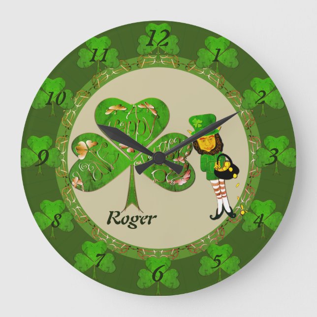 Reloj Redondo Grande Leprechaun Shamrock Wall Clock (Anverso)