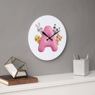 Reloj Redondo Grande Letra A Globo Rosa Animales Bosque Niños 