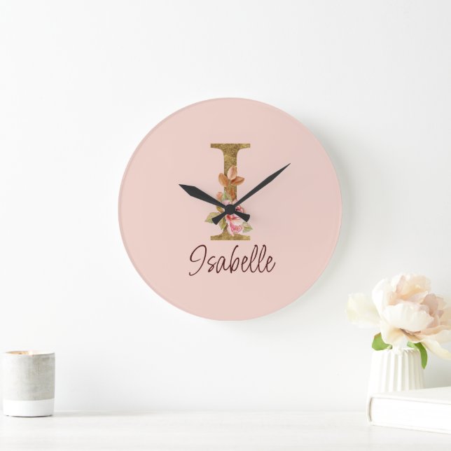 Reloj Redondo Grande Letra de nombre personalizado I Rosas rosadas con  (Hogar)