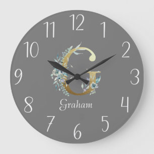 Reloj Redondo Grande Letra floral Gold G sobre gris