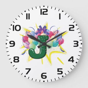 Reloj Redondo Grande Letra J de Monograma de Celebración con Globos