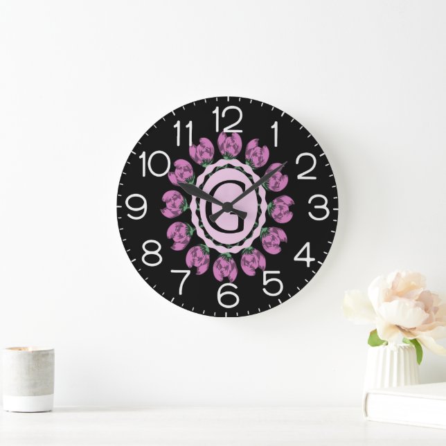 Reloj Redondo Grande Letra mayúscula G monograma floral (Hogar)