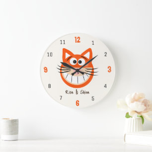 Reloj Redondo Grande Levántate y Brilla – Gato Naranja Sonriente