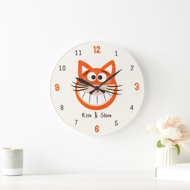 Reloj Redondo Grande Levántate y Brilla – Gato Naranja Sonriente (Hogar)
