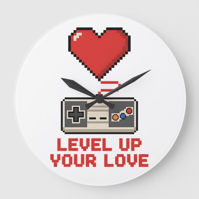 Reloj Redondo Grande Level Up Your Love, Retro Pixel Gaming Design (Anverso)