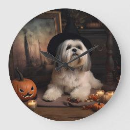 Reloj Redondo Grande Lhasa Apso Calabazas Halloween Asustadizo