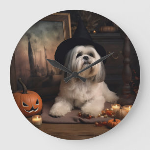 Reloj Redondo Grande Lhasa Apso Calabazas Halloween Asustadizo