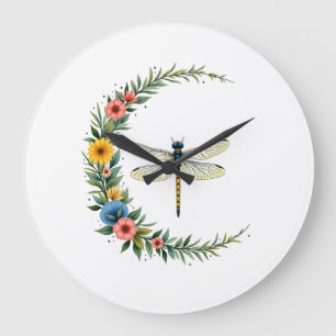 Reloj Redondo Grande Libélula Boho Luna Creciente Signo de Paz Hippie D