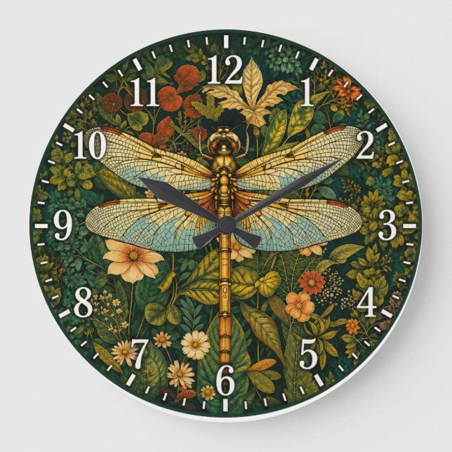 Reloj Redondo Grande Libélula Botánica Vintage (Anverso)