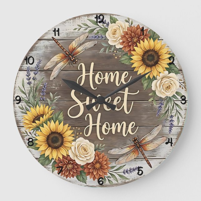 Reloj Redondo Grande Libélula Floral Hogar Dulce Hogar (Anverso)