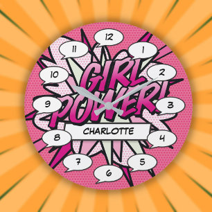 Reloj Redondo Grande Libro de Cómic Rosa GIRL POWER Personalizado