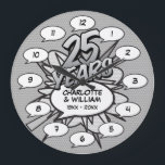 Reloj Redondo Grande Libro de historietas Pop Art 25° Aniversario de Pl<br><div class="desc">Personaliza con tus nombres y detalles del 25 aniversario. Un diseño fresco,  moderno y divertido que pone,  aún más,  wham,  zap,  en una celebración especial de aniversario de plata.</div>