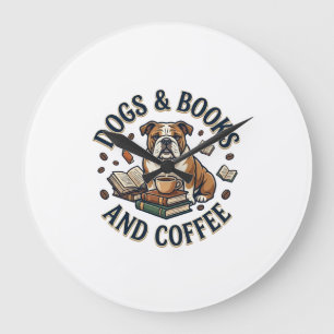 Reloj Redondo Grande Libros de perros Café Bulldog Pila Taza_1