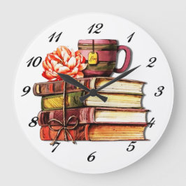 Reloj Redondo Grande Libros Y Té Blanco