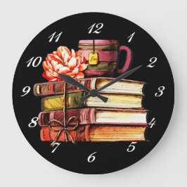 Reloj Redondo Grande Libros Y Té Negro