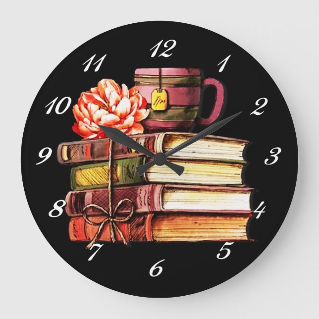 Reloj Redondo Grande Libros Y Té Negro (Anverso)
