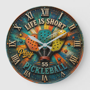 Reloj Redondo Grande Life Is Short Play Pickleball Colorful Retro