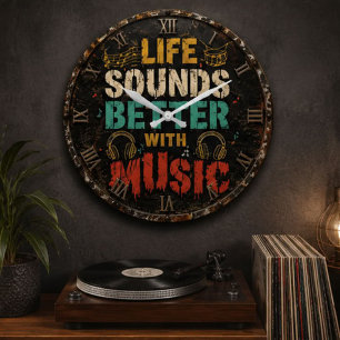 Reloj Redondo Grande Life Sounds Better with Music Vintage Rustic