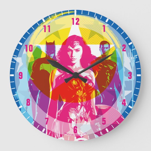 Reloj Redondo Grande Liga de la Justicia| Grupo retro y arte pop con lo (Anverso)