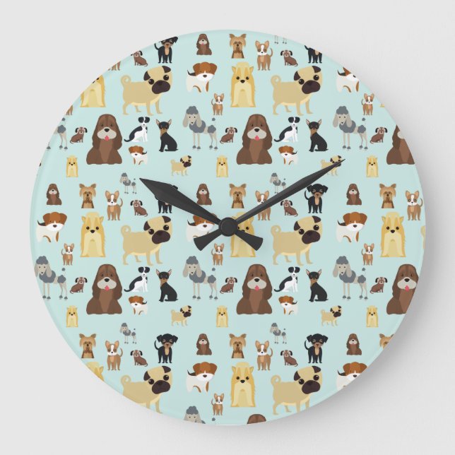 Reloj Redondo Grande light blue background dogs pattern. (Anverso)