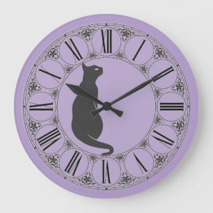 Reloj Redondo Grande Lilac con gato negro y rostro numérico romano