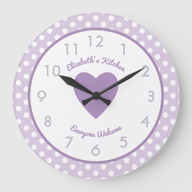 Reloj Redondo Grande Lilac y blanco con puntos de polka y un nombre (Anverso)