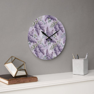 Reloj Redondo Grande Lilas Flores de Lila Verde Salvia Lavanda Polvorie