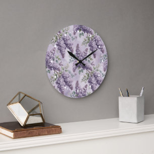 Reloj Redondo Grande Lilas Flores de Lila Verde Salvia Lavanda Polvorie