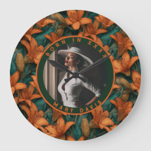 Reloj Redondo Grande Lilios Naranjas Configurables Acento Boho Cumpleañ