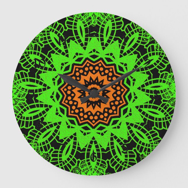Reloj Redondo Grande Lime Green Naranja Black Lace Doily Mandala Snowfl (Anverso)
