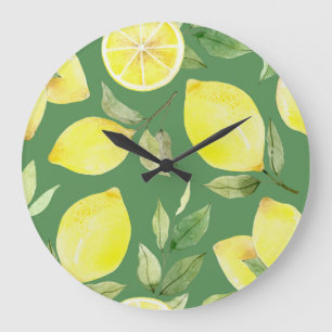 Reloj Redondo Grande Limón acuarela, patrón de papel tapiz de fruta.