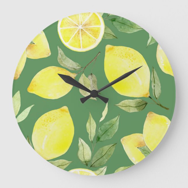 Reloj Redondo Grande Limón acuarela, patrón de papel tapiz de fruta. (Anverso)