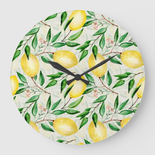 Reloj Redondo Grande Limones acuarelas, patrón de fruta sin costura. (Anverso)