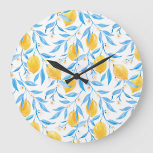 Reloj Redondo Grande Limones acuarelas: patrón dibujado a mano.