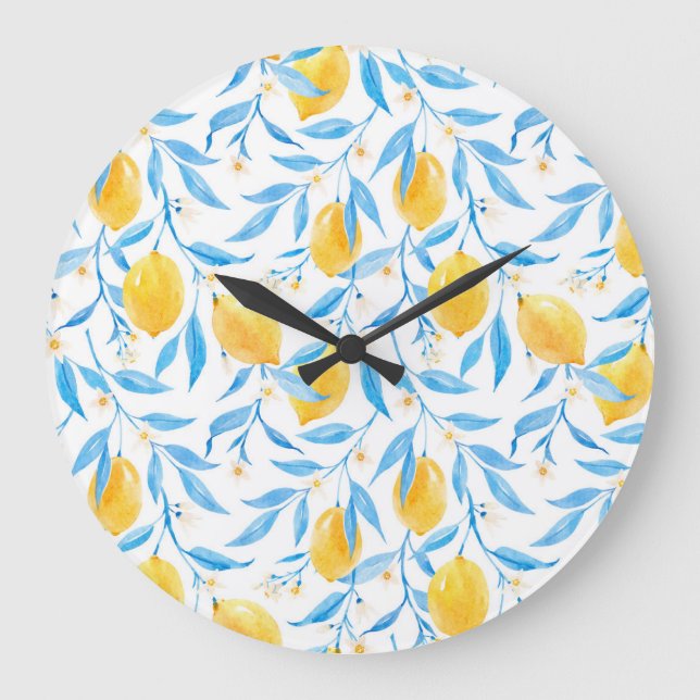 Reloj Redondo Grande Limones acuarelas: patrón dibujado a mano. (Anverso)