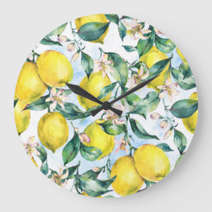 Reloj Redondo Grande Limones acuarelas, rama de cítricos fresca.