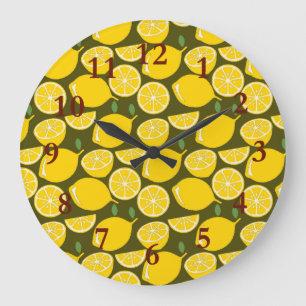 Reloj Redondo Grande Limones Amarillos y Patrón Verde Oliva: Citrus Mod