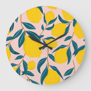 Reloj Redondo Grande Limones gráficos ilustrados: patrón transparente r