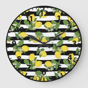 Reloj Redondo Grande Limones Limones Amarillo Rayas Negras