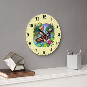 Reloj Redondo Grande Linda casa de lago animal mixto zorro ardilla