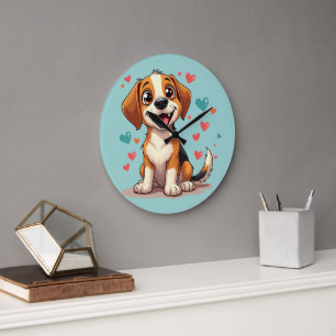 Reloj Redondo Grande Lindo Beagle Kawaii con Corazones Perro Juguetón