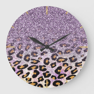 Reloj Redondo Grande Lindo estampado de leopardo purpura con brillo fem