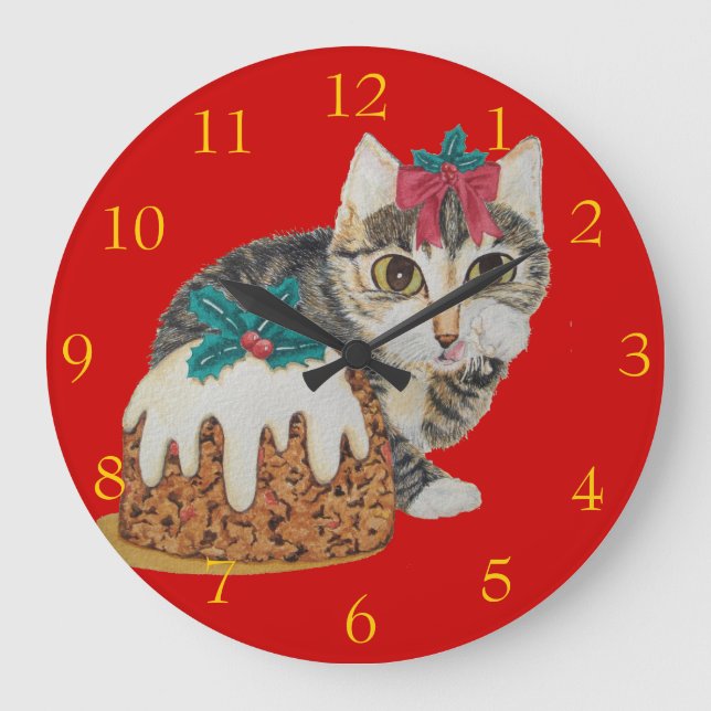 Reloj Redondo Grande lindo gatito grisáceo gato vestido de navidad (Anverso)