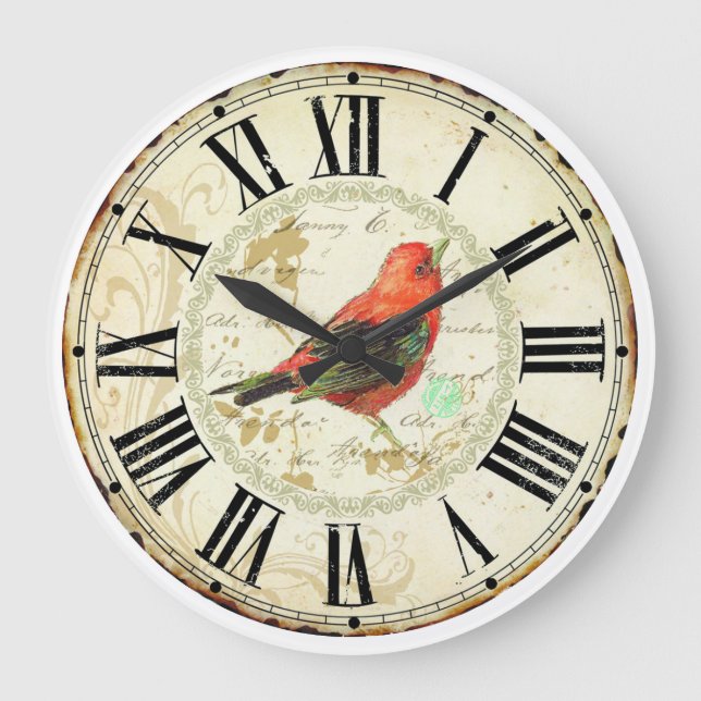 Reloj Redondo Grande lindo pájaro rojo numérico romano (Anverso)